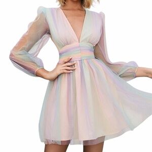 Double Crazy Rainbow Pastel Tulle Plunge V-Neck Dress Long Sleeve Size S